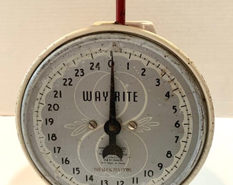 Vintage Hanson Way Rite Kitchen SCALE, Great Cream & Red with Silver Number Face, 25 lbs Capacity, Farmhouse Kitchen Style, Made in USA