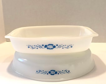 Vintage Termocrisa Milk Glass Casseroles: Blue Daisy Farmhouse Set of 2