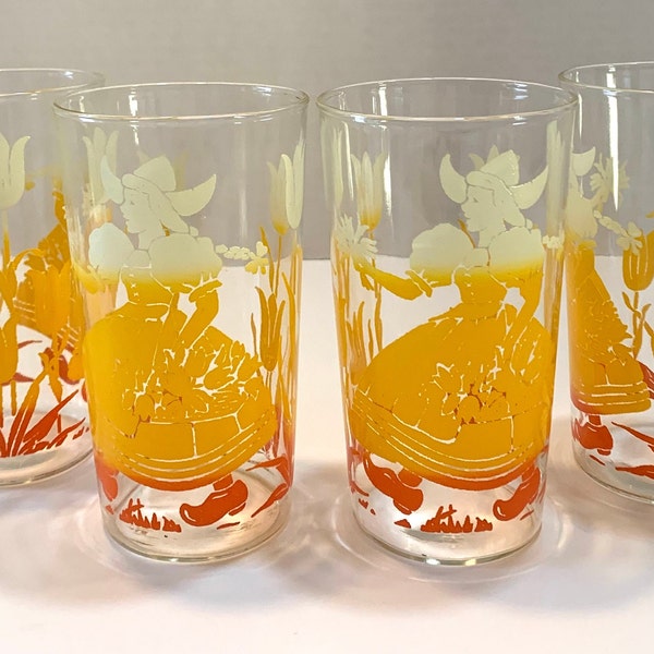 Anchor Hocking DUTCH GIRL, Tulip Drinking Glasses, Vintage, 5" Tall, Yellow & Orange Graphics, MCM Kitchen