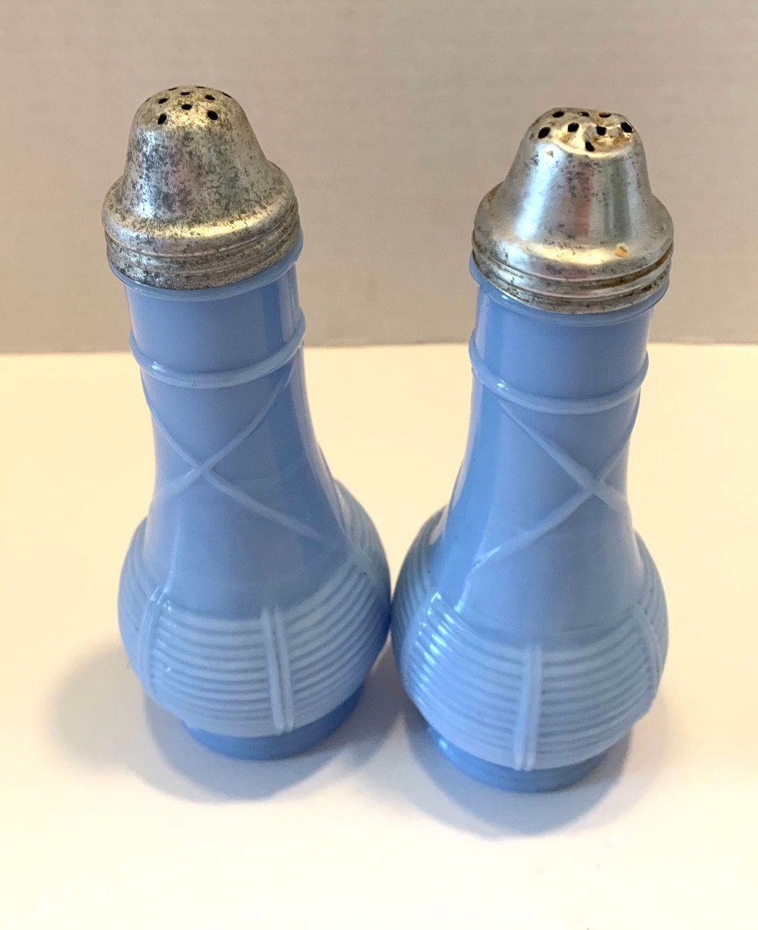 Blue DELPHITE Salt and Pepper SHAKERS, Made by Glass Company