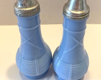 Blue DELPHITE Salt and Pepper SHAKERS, Made by Jeannette Glass Company,  Unique BASKETWEAVE Pattern, 1950's, Mothers Day Gift!