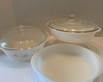 GLASBAKE Atomic Starburst Auflaufformen: Mid Century Milchgläser 3er Set, 2 Deckel