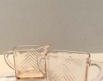 PINK DEPRESSION Glass, 'Chevron' Style Cream and Sugar SET, Cottage Style, Farmhouse