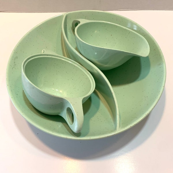 Vintage MELMAC, AQUA Green Speckled, MCM Kitchen, Divided Bowl, Creamer and Sugar Bowl,  Sears Canada.