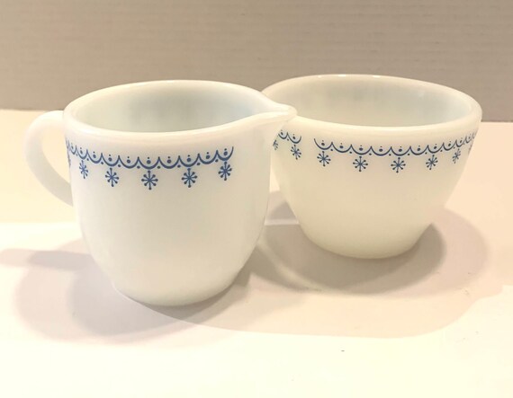 Pyrex Blue Snowflake Garland Rare Vintage Creamer and Sugar Bowl Set