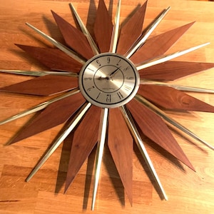 Phinney-Walker Teak Brass Starburst Wall Clock, 28 Inch, Quartz, MCM Mid Century, Rare