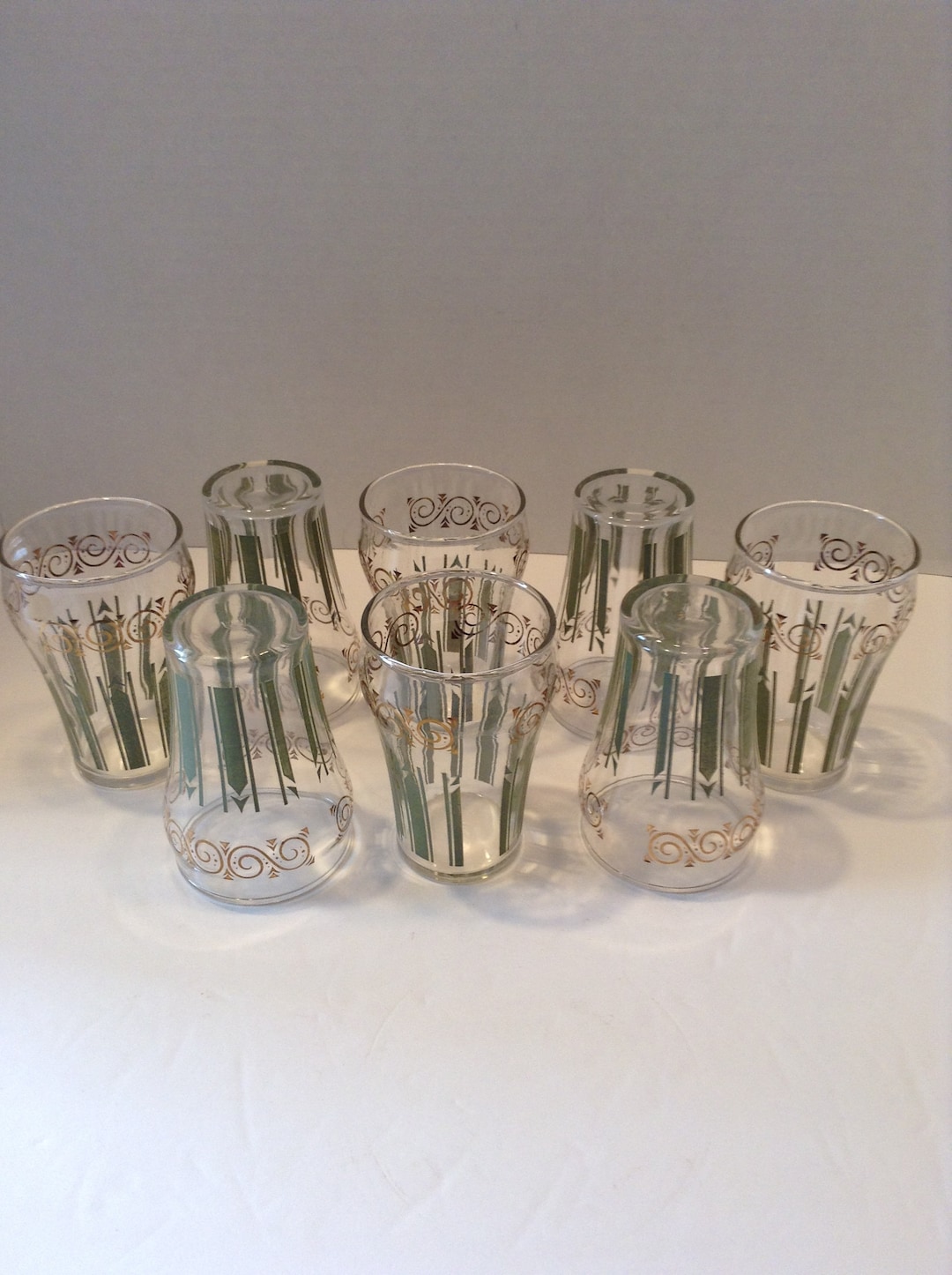 GREEN and GOLD, Drinking GLASSES, by 'dominion Glass Co' in Canada