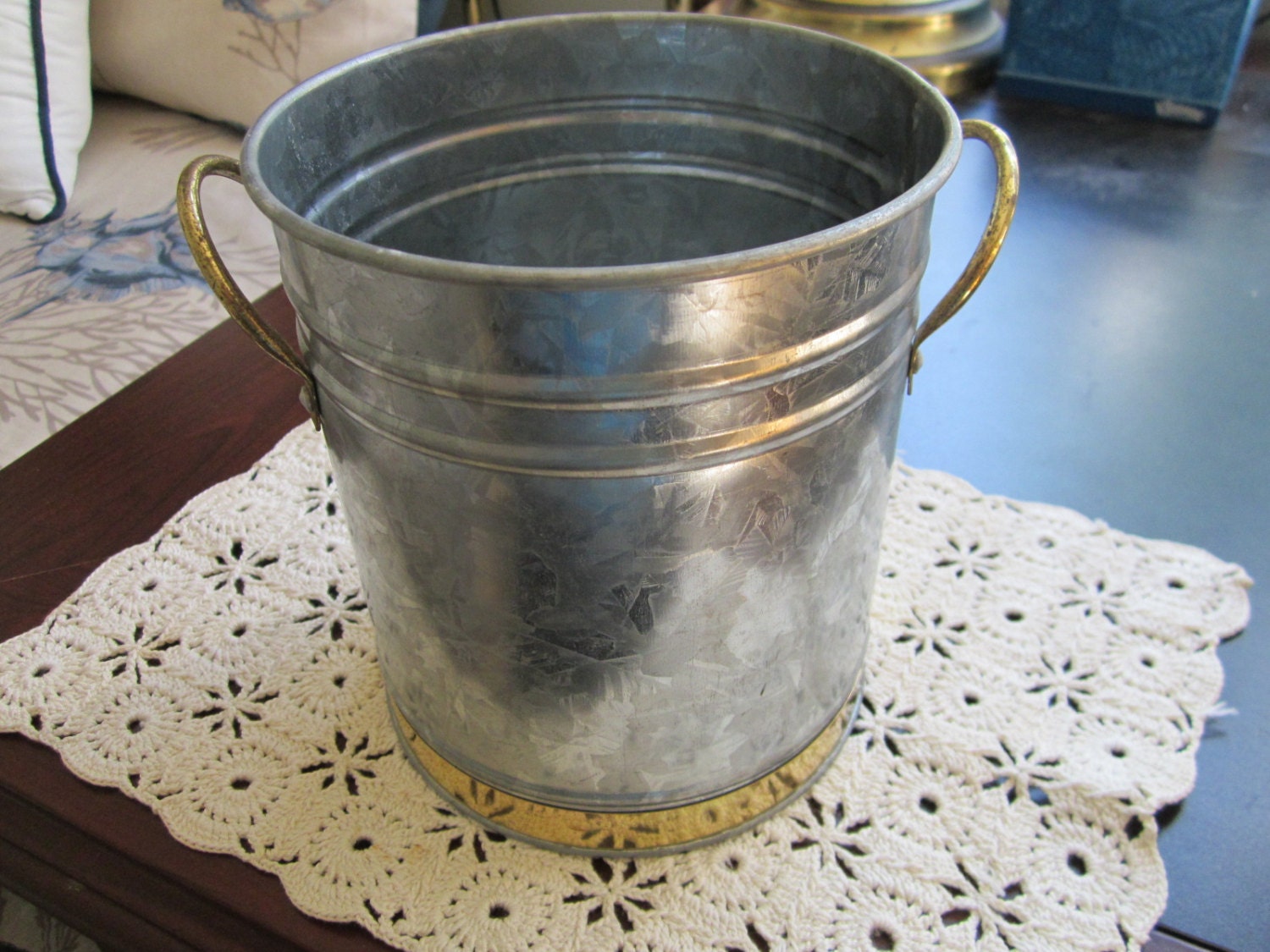 Small galvanized tub with gold colored band and handles Etsy