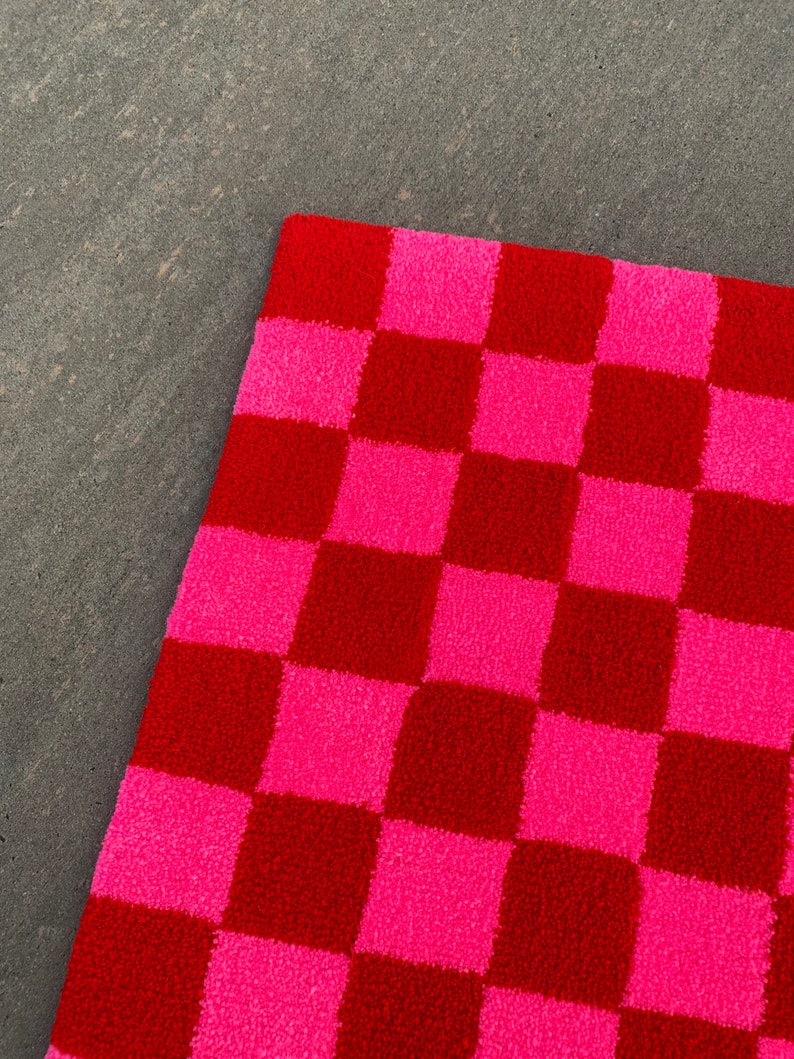 Checker Print Rug Hand Tufted 2 x 3 Pink and Red Etsy