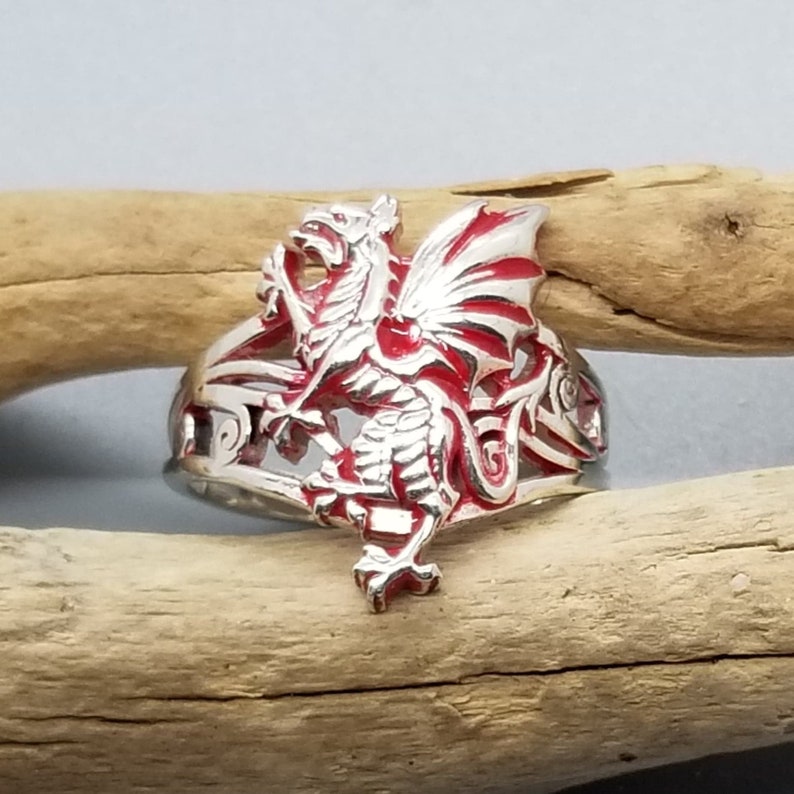 925 sterling silver Dragon ring Red enemal