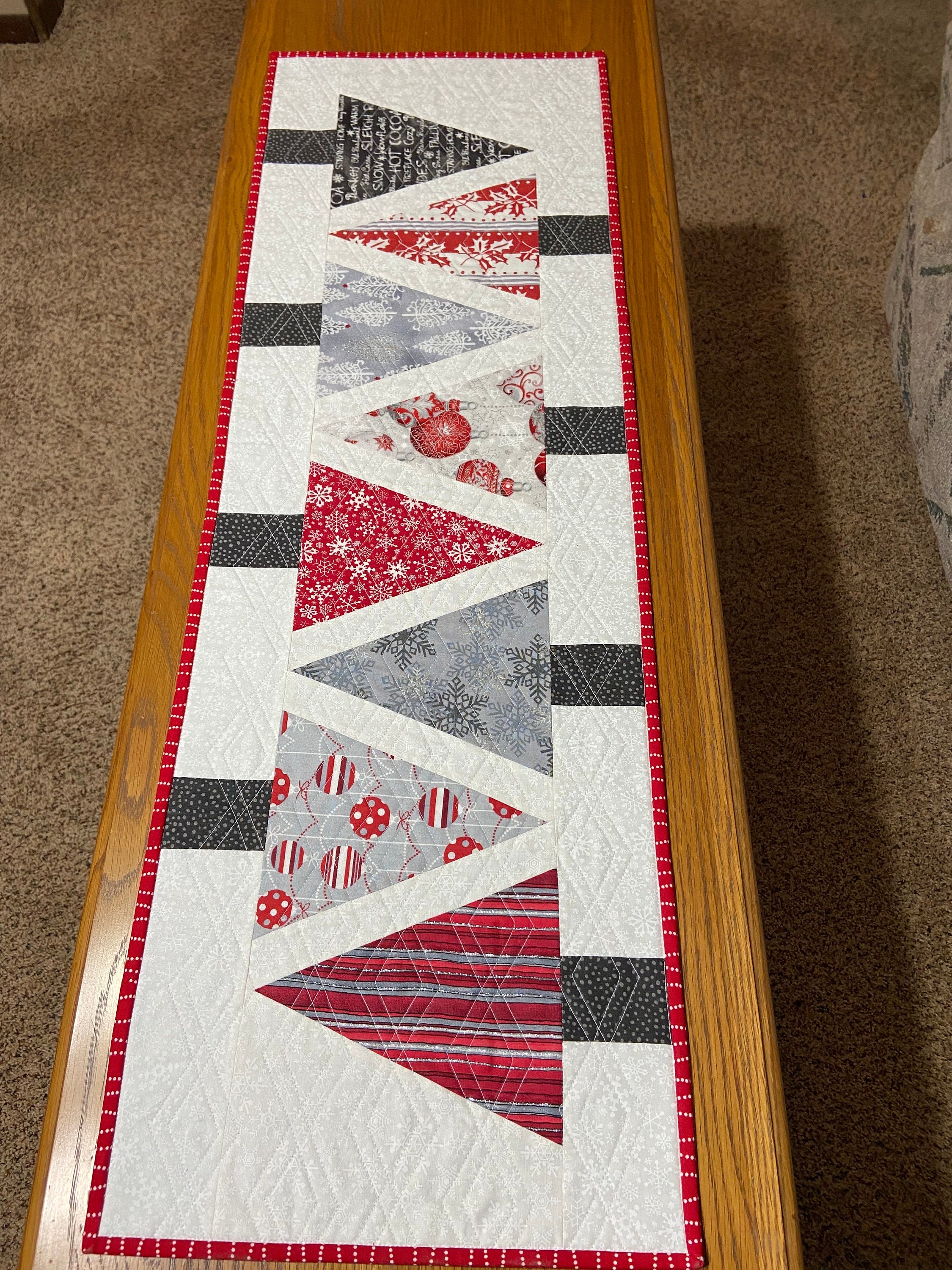 Quilted Christmas Tree Table Runner, Red and Gray Decor, Sofa Table