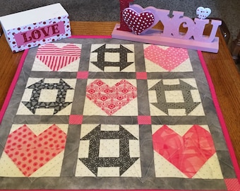 Valentine Decor, Valentine Table Runner, Quilted Valentine Table Topper, Heart Table Topper, Pink and Gray Table Topper
