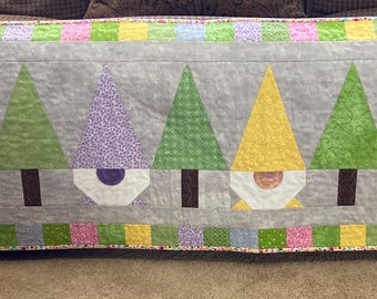 Gnome Quilted Table Runner, Easter Table Decor, Spring Pastels Runner, Green, Pink, Yellow, Blue, Lavender Decor, Large Table Topper