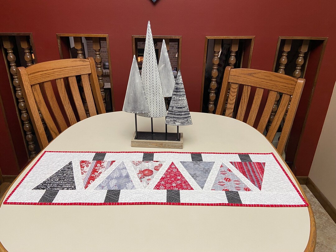 Quilted Christmas Tree Table Runner, Red and Gray Decor, Sofa Table