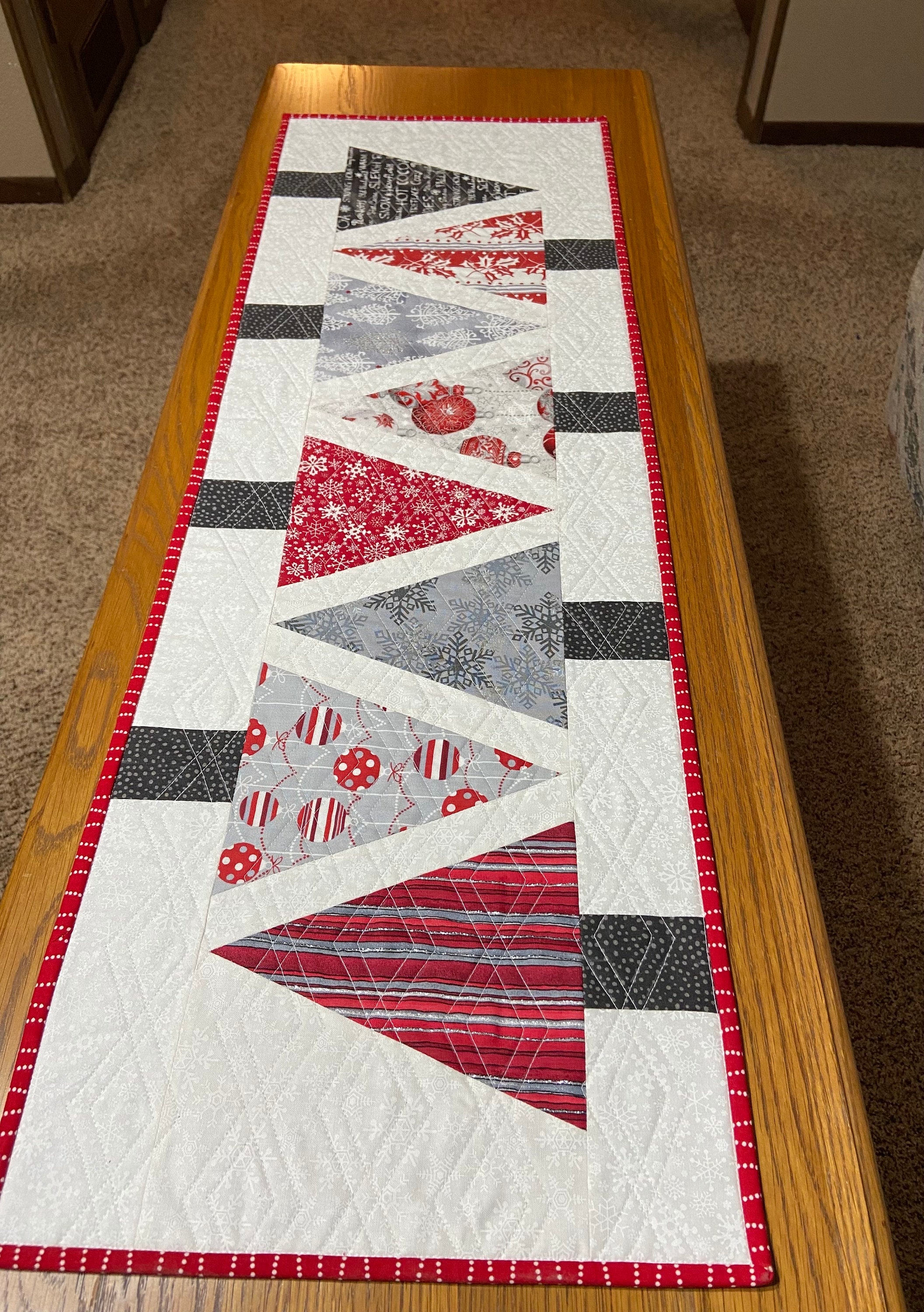 Quilted Christmas Tree Table Runner, Red and Gray Decor, Sofa Table