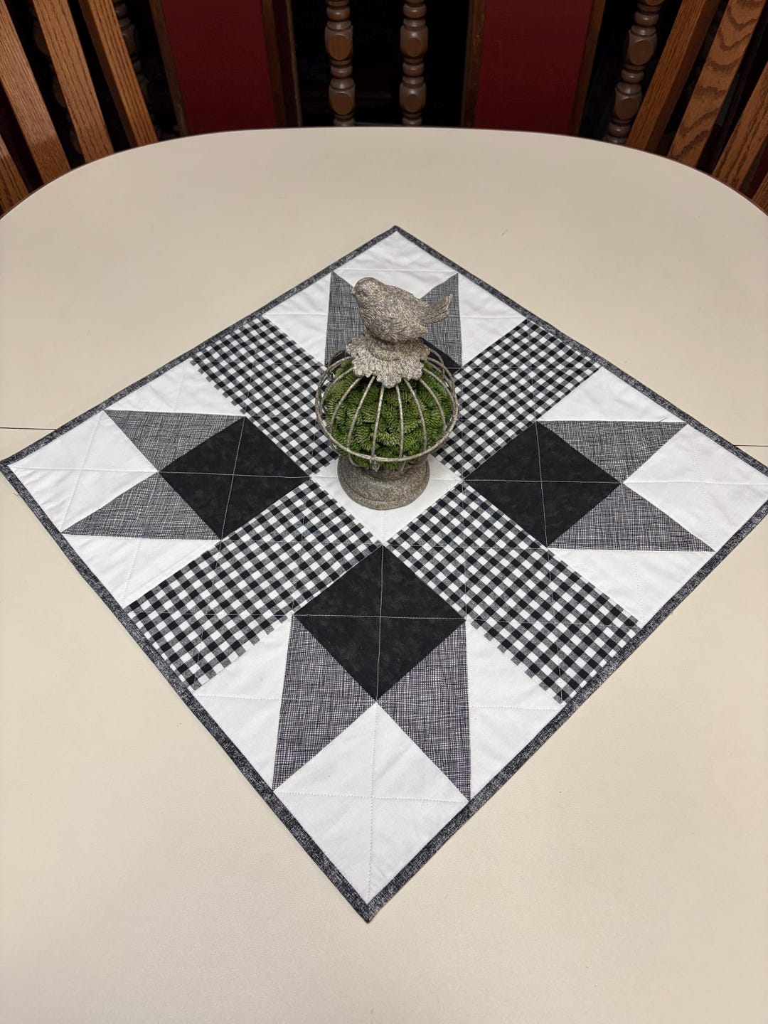 White Table Topper Quilted Black and White Table Topper, Buffalo Plaid Table Runner ...