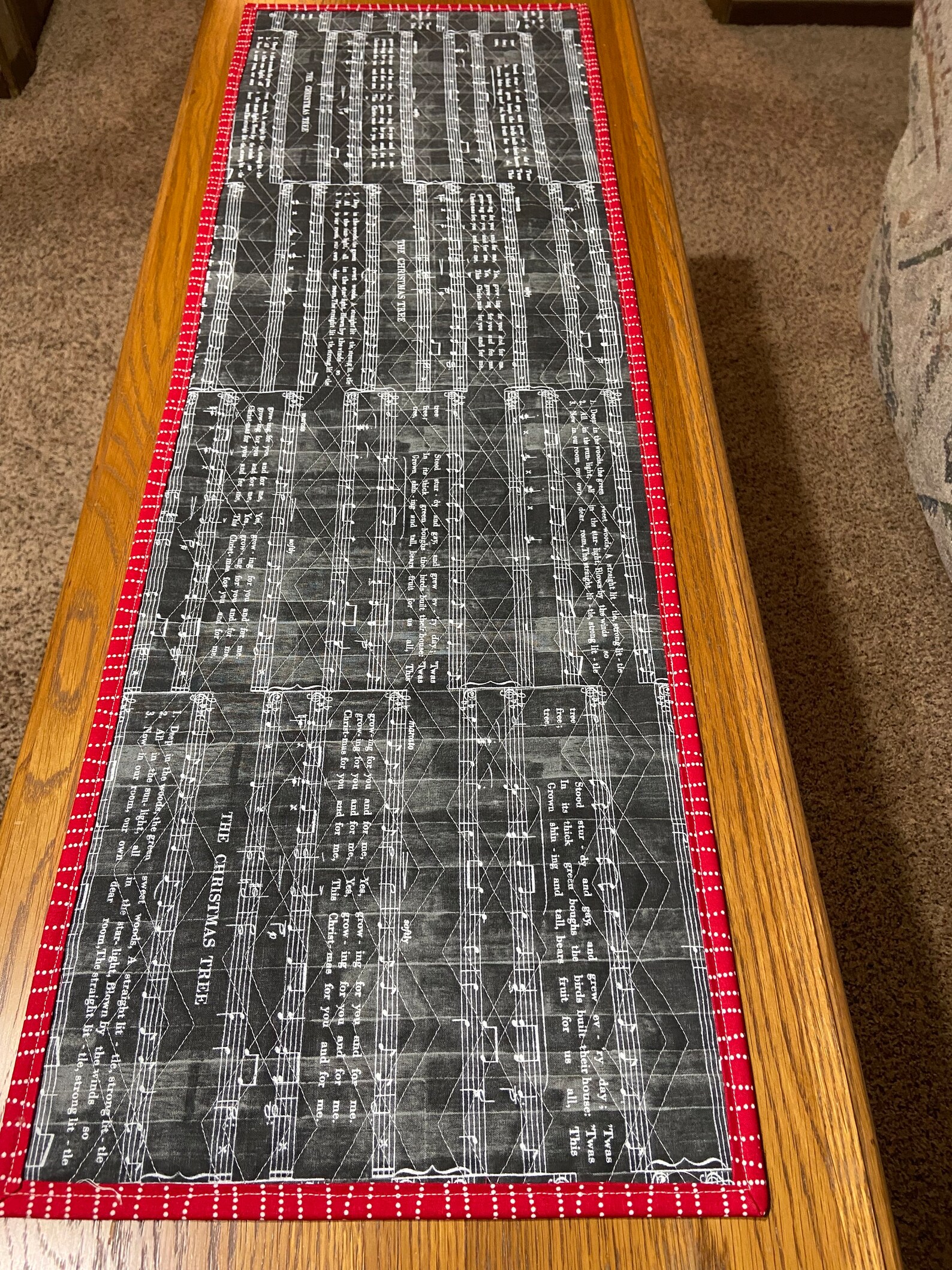 Quilted Christmas Tree Table Runner, Red and Gray Decor, Sofa Table