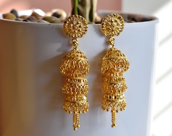 Three layer jhumka earrings best sale gold