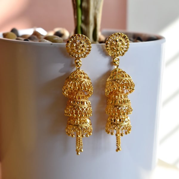 Jhumka Earrings, Daisy Gold Jhumka / Jhumki Earrings, 3 tier Jhumka Earring