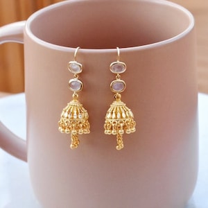Jhumka Earrings, Raiya Pink Quartz 3 Tier Gold Jhumka  / Jhumki Earrings, Small Jhumka Earrings, Pink Quartz Earrings