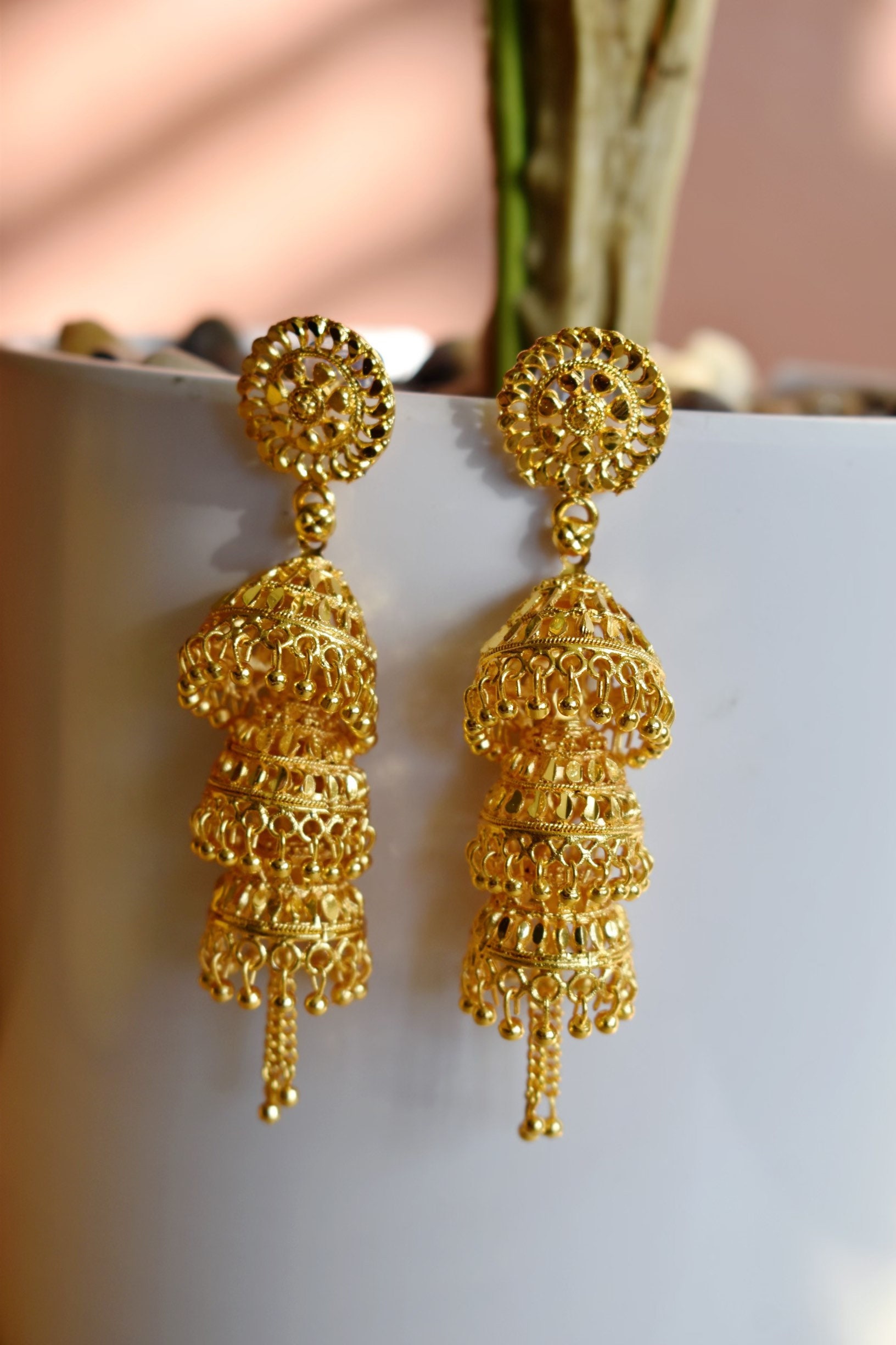 Jhumka Earrings Daisy Gold Jhumka Jhumki Earrings 3 Tier Jhumka Earring Etsy