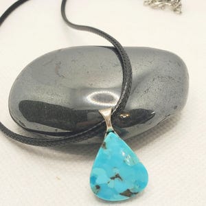 Natural Bright Blue Variscite Pendant, Variscite Cabochon Necklace with Leather Robe Chain, Gift Box Included