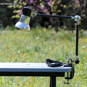 May include: A black and silver adjustable clamp-on desk lamp with a round reflector. The lamp is mounted on a wooden table and has a black electrical cord.