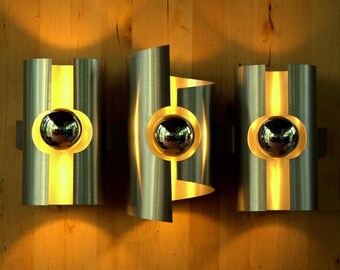 Large 3-light brushed aluminium wall lamp Vintage 70s    NO SHIPPING USA