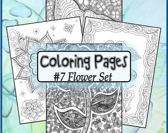 Adult Coloring Pages ** #7 Flower Set ** DIGITAL DOWNLOAD**