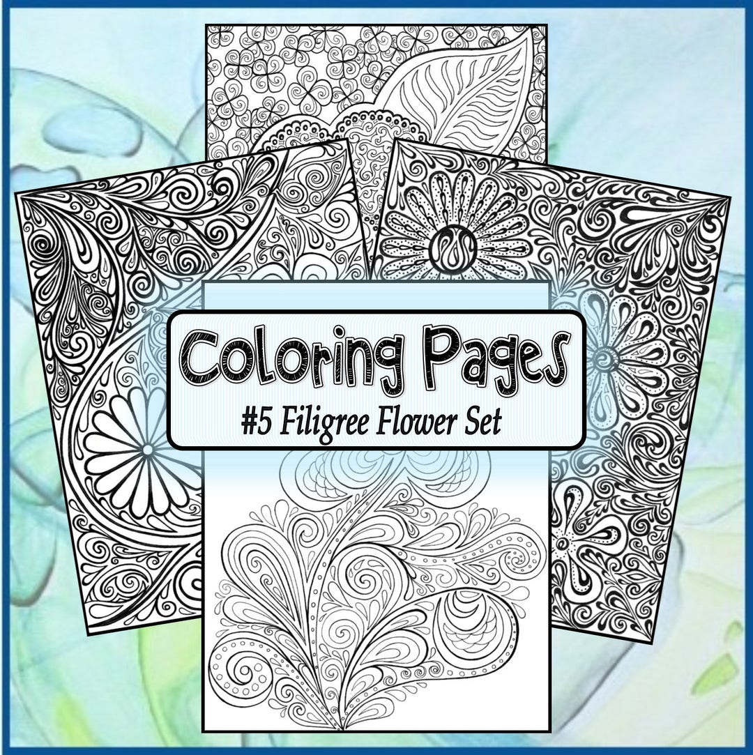 Adult Coloring Pages ** #5 Filigree Flower Set ** DIGITAL DOWNLOAD** - Etsy