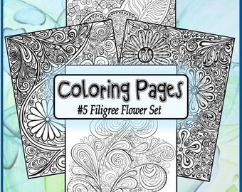 Adult Coloring Pages ** #5 Filigree Flower Set ** DIGITAL DOWNLOAD**