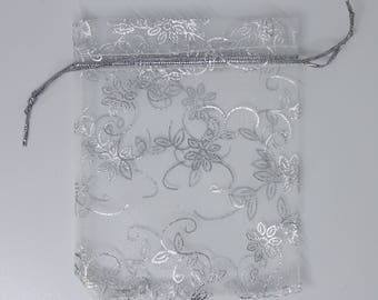 SALE - 50 Leaf and Flower Design Organza Gift Bags White 12cm x 10cm - CB53