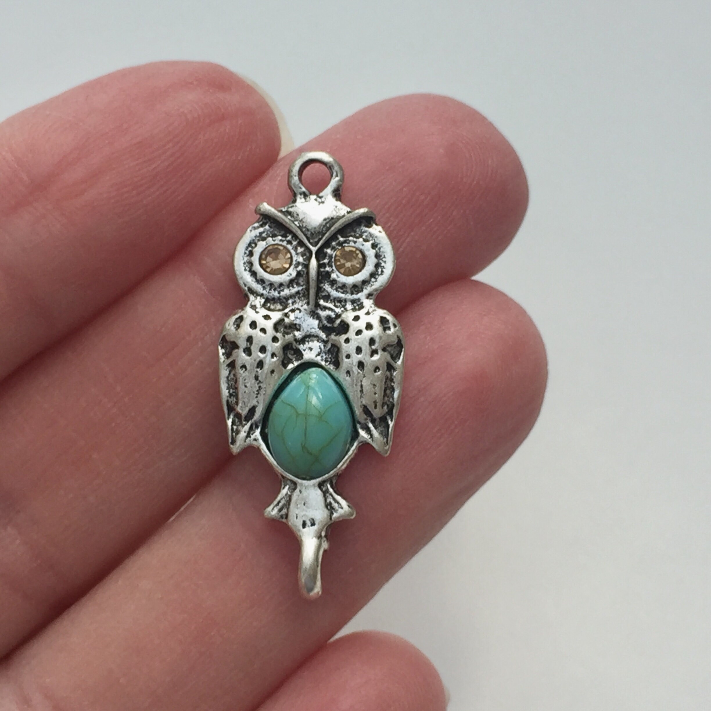 2 Owl Pendants Antique Silver Tone & Rhinestone OWL07