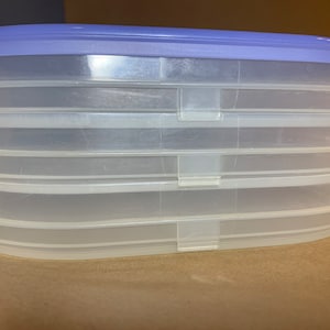 May include: A clear plastic stackable container with a light purple lid. The container is oval shaped and has four tiers.