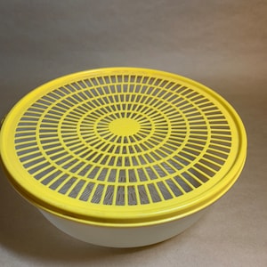 May include: A yellow plastic colander with a white bowl underneath. The colander has a circular design with a center hole and a raised rim.