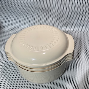 May include: A white two-tiered steamer with a lid. The steamer has a round shape and a textured surface.