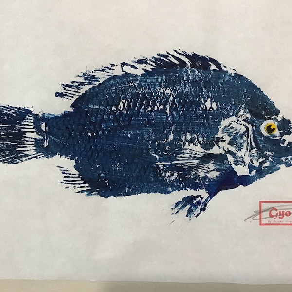 Art japonais / gyotaku / tilapia / bleu / cadeaux de pêche / décor de maison de lac / décalcomanie murale de maison de lac / enseigne de maison de lac / décor de cabine / œuvres d’art de poisson / acrylique #C21