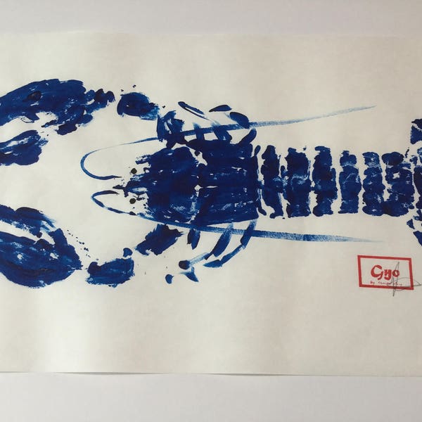 Blue lobster/ocean wave wall art/gyotaku/Japanese art/beach house art/coastal bathroom decor/ocean art painting/coastal decor print/ #C62