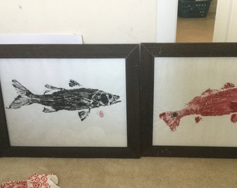 3 large random prints /gyotaku/cabin decor/coastal decor/fish prints/asian artwork/original gyotaku/fish paintings/fish rubbings/fish art