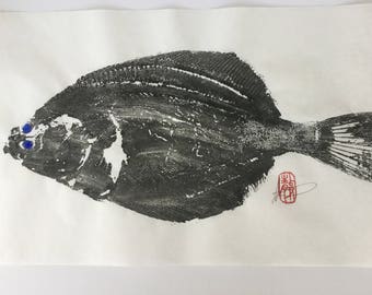 Plaice/gyotaku/British fish/restuarant decor/Japanese art/gifts for men/Wall decor/ beach cottage/ocean wall art/coastal decor ideas/#C77