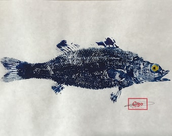 Seabass/Gyotaku/gifts for dads/Father's Day/Japanese art/fishing artwork/Asian artwork/coastal living/home decor/original art/gifts/#A30