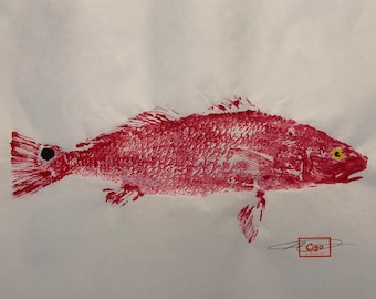 Red fish/coastal living/gyotaku/fish artwork/lowcountry art/Asian decor/beach house decor/kitchen wall hangings/gifts for fishermen/#A17