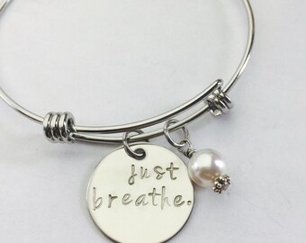 Just Breathe Bracelet, Hand Stamped Bangle, Mindfulness, Meditation Jewelry, Keep Calm, Just Breathe Reminder, Peaceful, Lotus Flower Charm