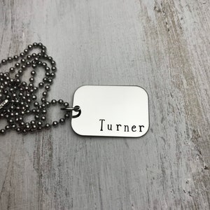 Personalized Name Necklace, Small Stainless Steel Dog Tag, Name Jewelry, Young Man Necklace, Dad Gift, Father's Day, Hand Stamped Name Gift image 1