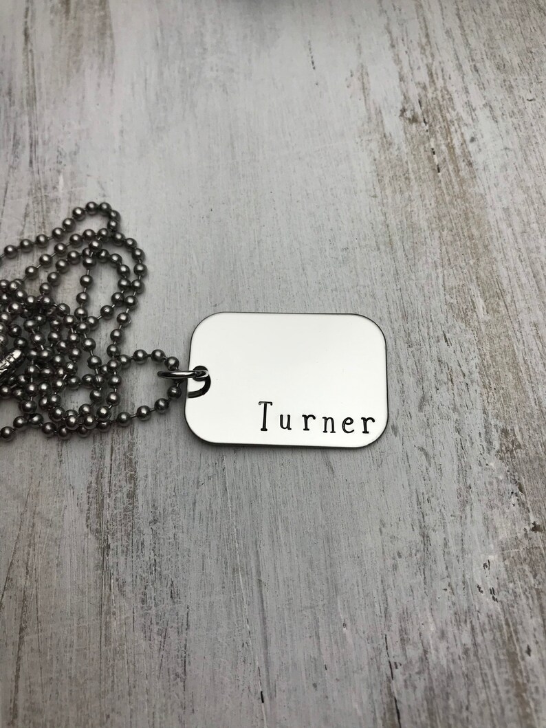 Personalized Name Necklace, Small Stainless Steel Dog Tag, Name Jewelry, Young Man Necklace, Dad Gift, Father's Day, Hand Stamped Name Gift image 1