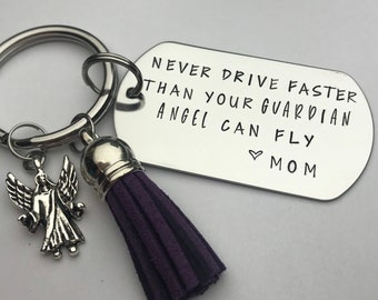 Never Drive Faster Than Your Guardian Angle Can Fly, Custom Key Chain, New Driver, Gift From Parents, For Teens, Hand Stamped, Angel Charm