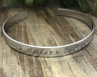 Skinny Personalized Stacking Cuff Bracelet,  Custom Name Jewelry, Mother's Day, New Mom, Kids Name Cuff Bracelets, Silver, Copper, Gold Cuff