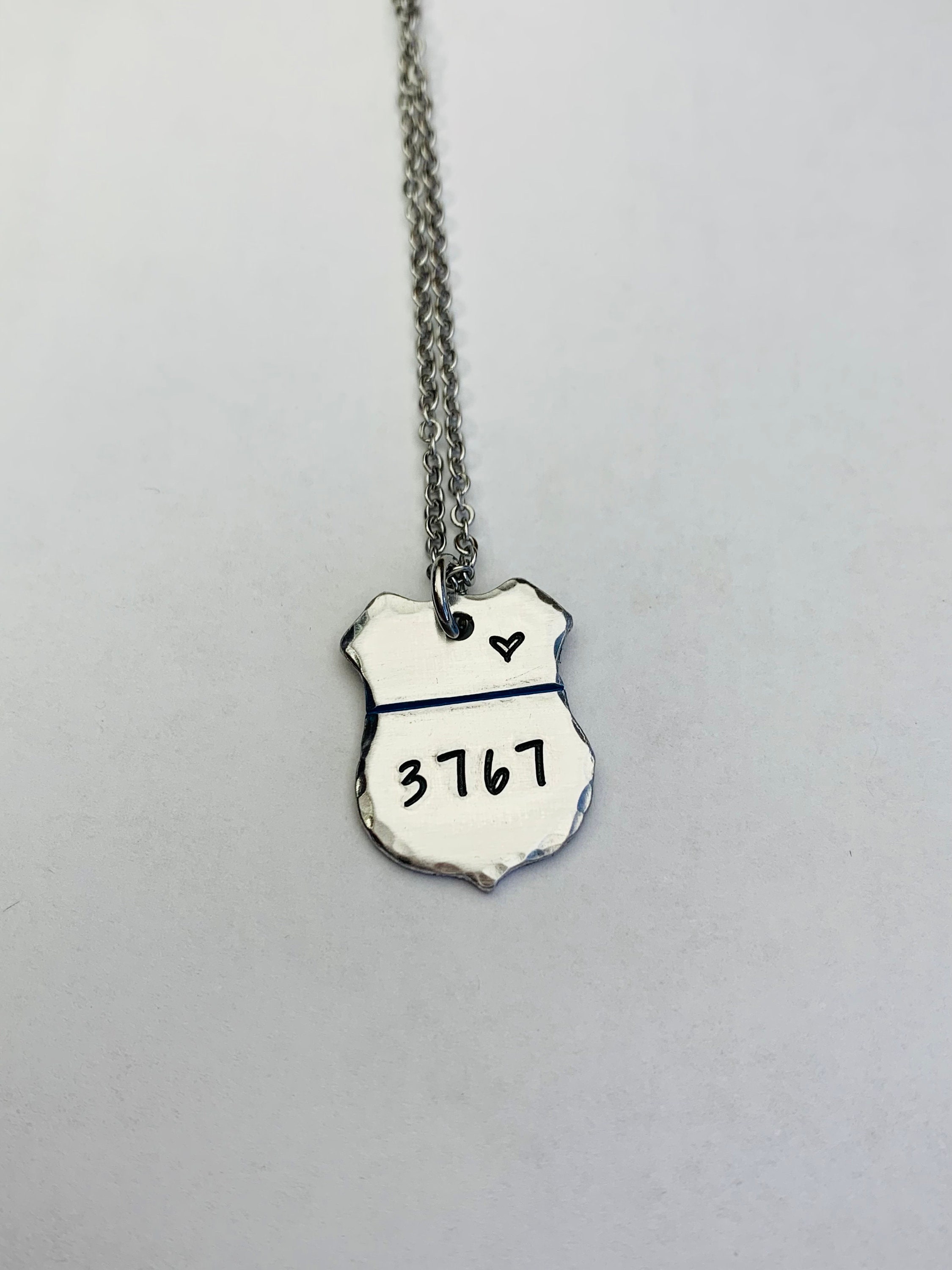 Thin blue line necklace with badge number deals