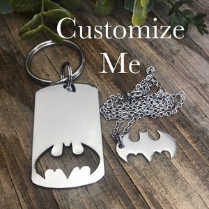 You Customize, Personalized Couples Superhero Key Chain Set,Hand Stamped Stainless Steel, Bat Symbol Dog Tag, Anniversary Gift, Husband Wife