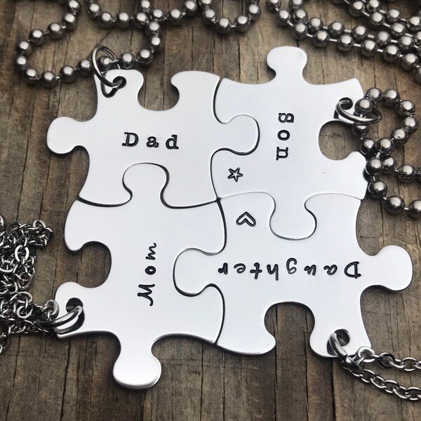 Family Puzzle Piece Set, Dad Mom Daughter Son Custom Puzzle Piece Set, Gift For Parents, Puzzle Piece Necklace, Key Chains, Father's Day